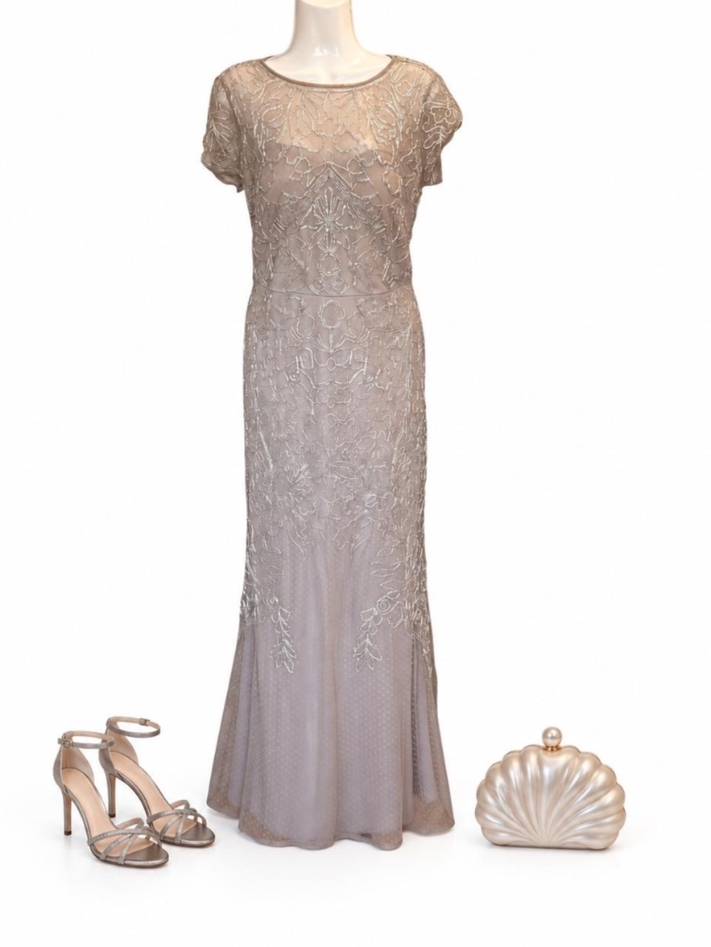 JS Collections Taupe Silver Embroidered Formal Gown Size 10